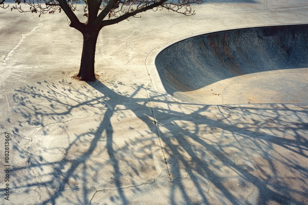 Poster a tree casting a shadow on concrete. suitable for urban design projects