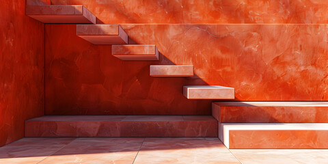 Set of stairs leading up to red wall next, Golden glow on vibrant red and blue staircase
