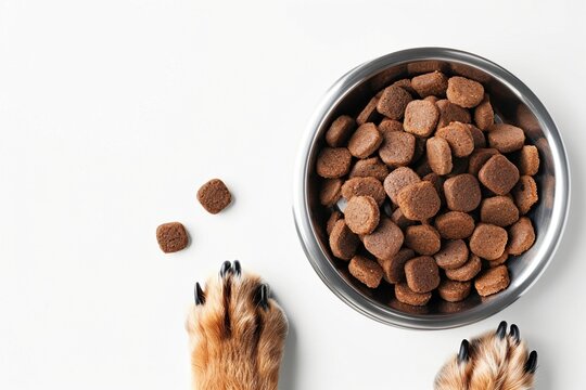 Hundepfoten vor einem Fressnapf mit Futter, wei&szlig;er Hintergrund 