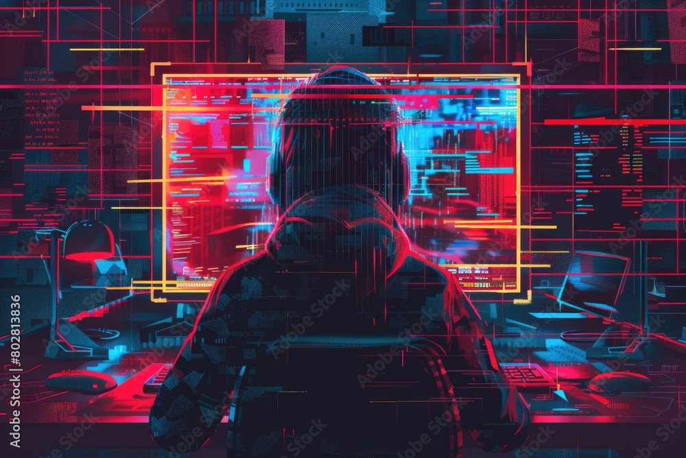 Poster a person sitting in front of a computer monitor. suitable for technology concepts