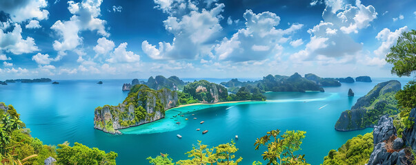 panoramic view of the tropical sea with green jungle and stone isles in thailand, blue sky with...