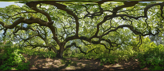 Fototapeta premium panoramic view of the canopy of an ancient oak tree in south carolina, wide angle, green leaves, intricate details, beautiful