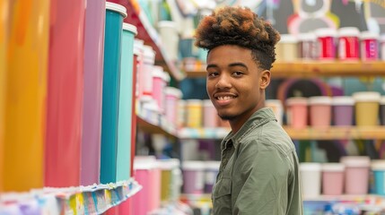 Diverse solutions, one expert: A young man demonstrating versatility by offering paint recommendations for interior and exterior projects. 