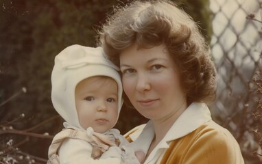Vintage photo (scanned reversal film) - mother with baby daughter, early eighties