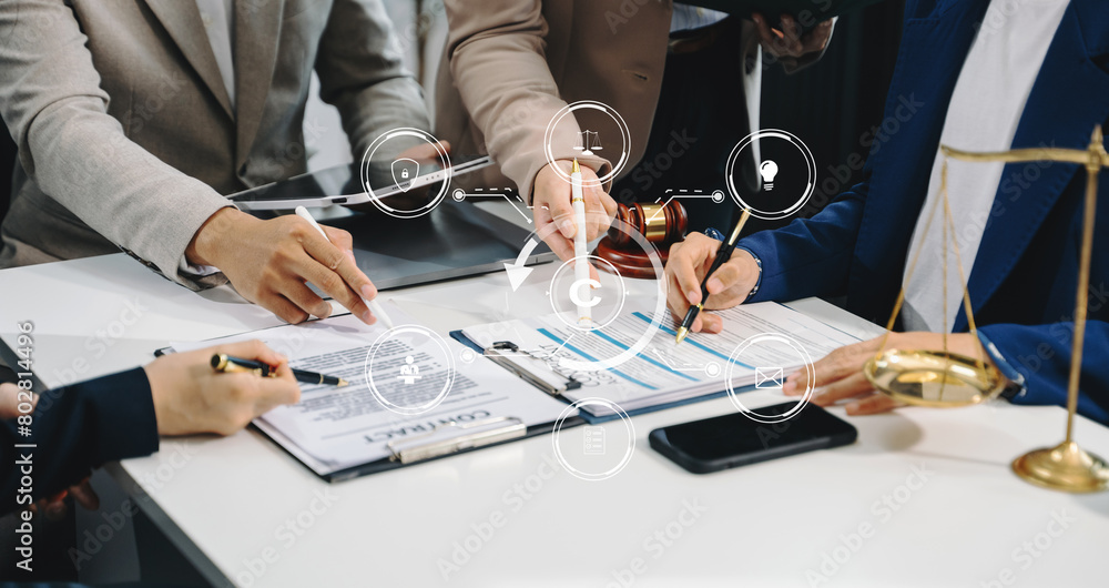 Wall mural copyright or patent concept, business team analyzing data and using smart phone and tablet with virt