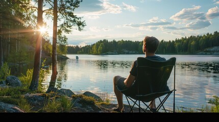 Escaping to nature: A man enjoys the tranquility of the forest lake on a beautiful summer evening, seated in a camping chair with the peaceful waters in the background.  - Powered by Adobe