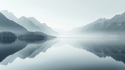 The still lake surrounded by towering mountains under a subtle sky. Black and white style