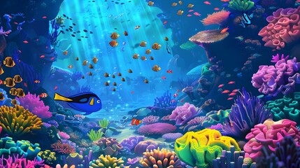 Vibrant Underwater Wonderland with Coral Reefs and Tropical Fish in Animated Style