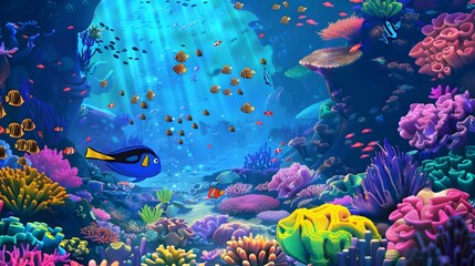 Fototapeta premium Vibrant Underwater Wonderland with Coral Reefs and Tropical Fish in Animated Style