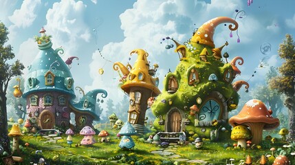Whimsical Cartoon Landscape with Playful Fantasy Creatures and Enchanted Mushroom Homes
