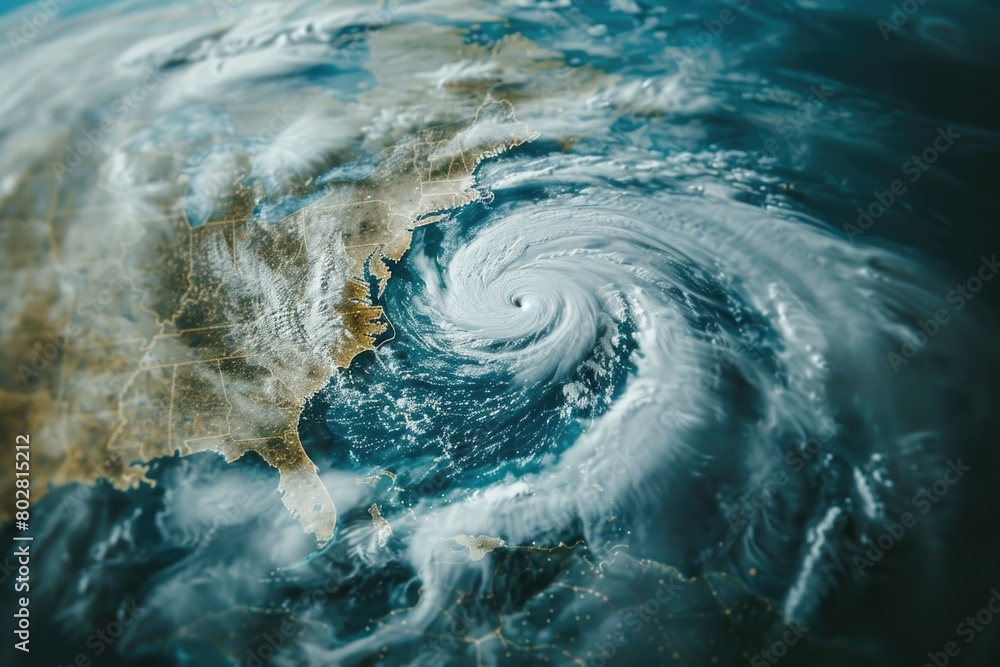 Poster a satellite view of a powerful hurricane in the middle of the ocean. ideal for weather forecasting g