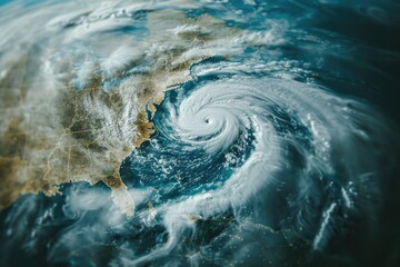 A satellite view of a powerful hurricane in the middle of the ocean. Ideal for weather forecasting graphics
