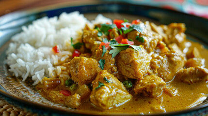 Traditional jamaican curry chicken served with fluffy white rice, garnished with fresh herbs on a rustic plate, vibrant caribbean cuisine