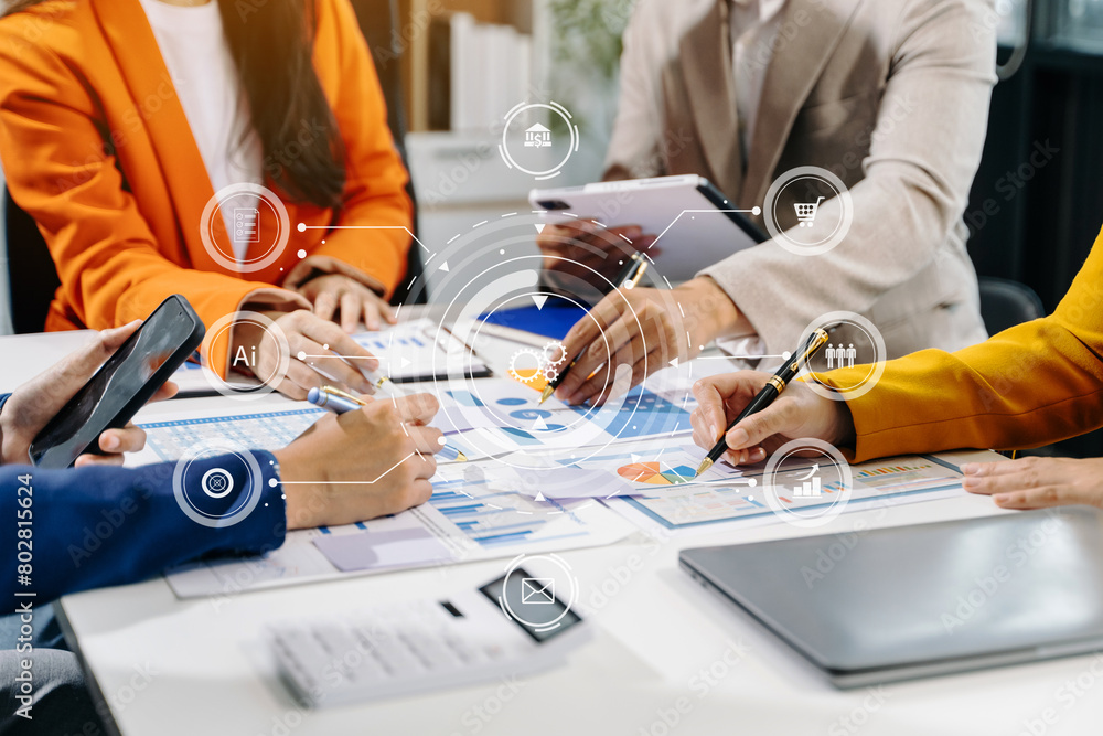 Poster working team meeting concept, business using laptop and smart phone and digital tablet computer with