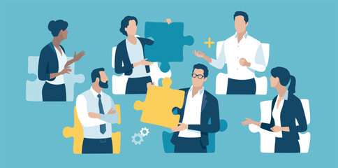 Searching for a solution. Solving the problem. People give each other puzzle pieces. The concept of teamwork. Vector illustration.
