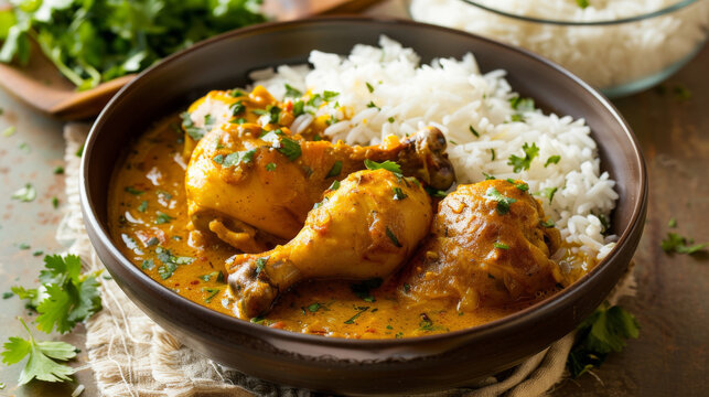 Classic jamaican curry chicken and fluffy white rice in a bowl, topped with fresh parsley for a caribbean celebration