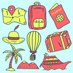 set of vacations and holiday symbol vector illustration or collection of traveling and tourism elements with white backround
  