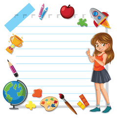 Cartoon schoolgirl with various learning objects around her