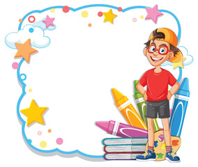 Cartoon boy with books and crayons, colorful frame.