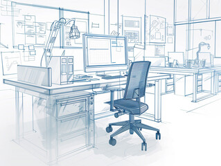 Linear sketch, line illustration of the office view including desk, computer, monitor, chair, etc. Generative AI