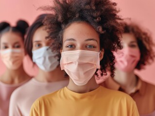 High-resolution close-up of people in masks, exuding a sense of solidarity, against a calming soft pink background, ideal for inspiring unity
