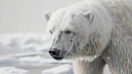 High-resolution, realistic close-up of a polar bear on thin ice, set against a stark white snowy background, emphasizing climate impact