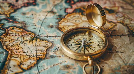 Antique compass rests on a world map, symbolizing adventure, exploration, and historical navigation.