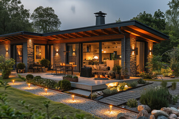 Obraz premium hi-tech style villa with lawn and open terrace