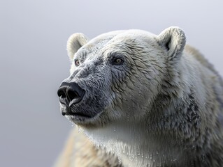 Fototapeta premium Realistic and detailed close-up in high-resolution of a polar bear on thinning ice, against a stark white backdrop, ideal for nature documentaries