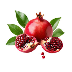 Juicy pomegranate and its half with leaves isolated on PNG background. Generative AI.