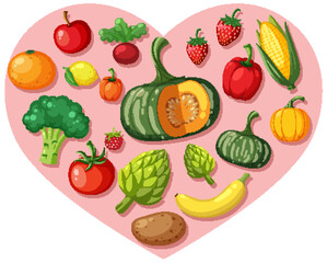 Colorful fruits and vegetables in a heart shape.