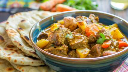 Traditional jamaican curry goat stew paired with roti bread and fresh herbs, presented on a rustic table