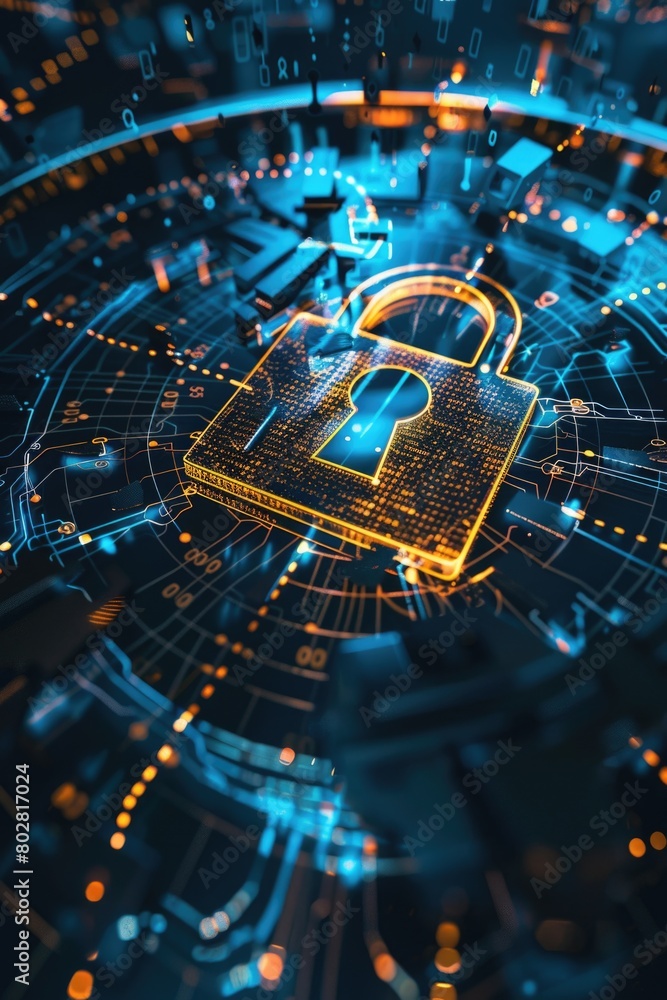 Poster a padlock securing data on a circuit board. suitable for technology and cybersecurity concepts
