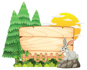 Cartoon rabbit sitting near a blank wooden sign.