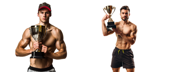 Set of Fit Male Athlete with Trophies on Transparent Background