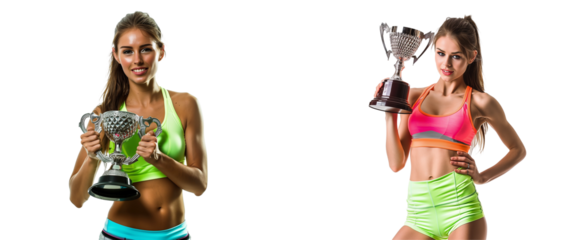 Set of Athletic Woman Holding Trophy on Transparent Background