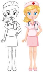 Vector of nurse in uniform, colored and line art.