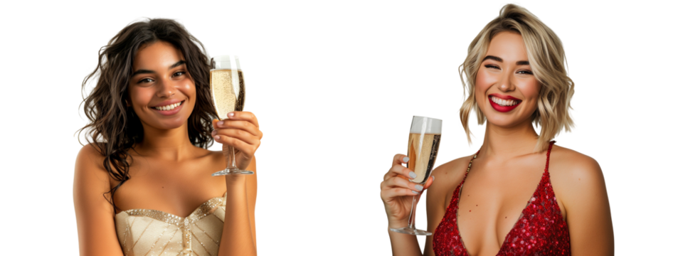 Set of Beautiful Women Toasting with Champagne on Transparent Background