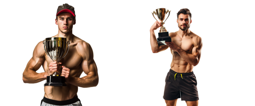 Set of Fit Male Athlete with Trophies on Transparent Background - Powered by Adobe