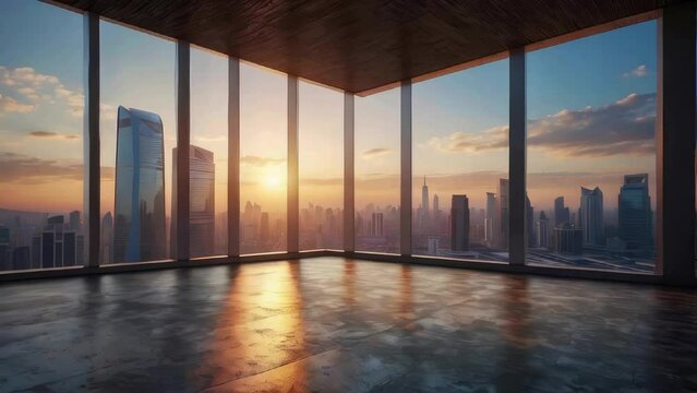 Collection of Footage "Empty modern interior space or Empty Business Office Interior with skyscraper city view in sunset"