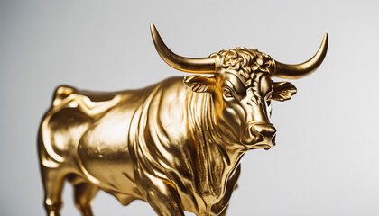Golden statue of a muscled bull, isolated white background, copy space for text

