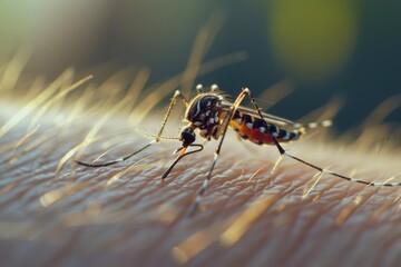 Close-up of a mosquito resting on a person's arm. Suitable for medical and healthcare concepts