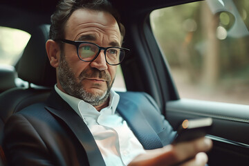 Stylish middle-aged business man in a suit and glasses using a smartphone while sitting on the backseat of a car, in the style of a high quality photo