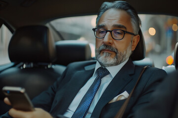 Stylish middle-aged business man in suit and glasses using smartphone while sitting on backseat of car, photographed in the style of sony alpha