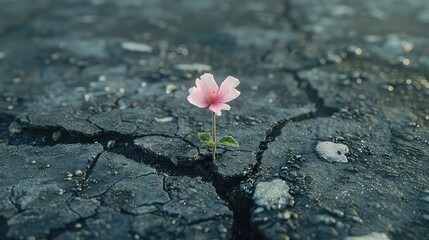Fototapeta premium Nature's resilience: A delicate flower blooms from a crack in asphalt, symbolizing hope and perseverance amidst adversity. 