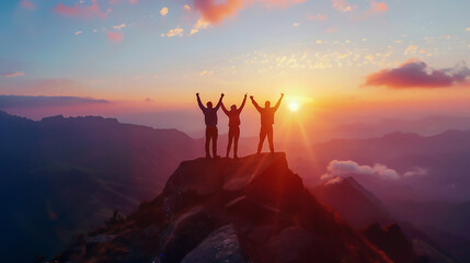 Three people standing at the top of a mountain with arms raised celebrating success, with dramatic lighting, in a drone view capturing a panoramic photo of the mountain landscape - Powered by Adobe