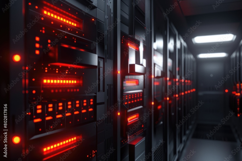 Poster a row of servers in a server room. ideal for technology and data center concepts