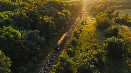 Top view of the train on the railway in a summer forest and green field during sunset light. An...