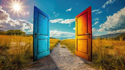 Portal to new horizons: Vibrant doors open onto a sun-drenched field, symbolizing the start of a...