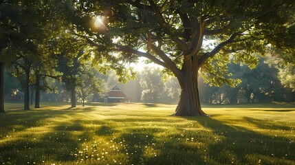 Fototapeta premium Sunrise in a park with a tree and a church in the background, Generative AI illustrations.